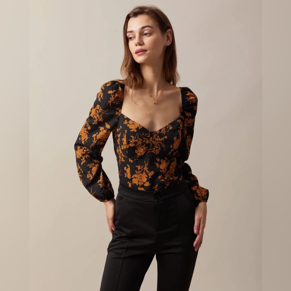 RIHOAS Black Sweetheart Neck Floral Puff Sleeve Blouse Sz M NWT